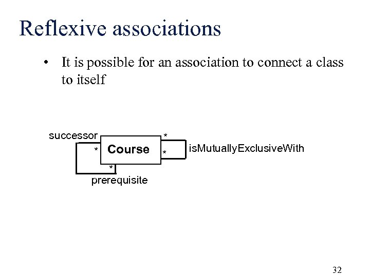 Reflexive associations • It is possible for an association to connect a class to