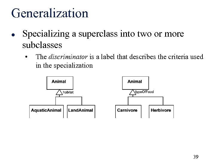 Generalization l Specializing a superclass into two or more subclasses • The discriminator is