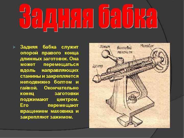 Ø Задняя бабка служит опорой правого конца длинных заготовок. Она может перемещаться вдоль направляющих