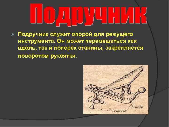 Ø Подручник служит опорой для режущего инструмента. Он может перемещаться как вдоль, так и