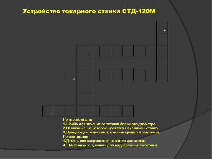 Устройство токарного станка СТД-120 М 4 1 2 3 По горизонтали: 1. Шайба для