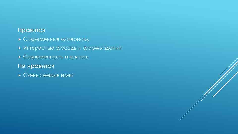Нравится Современные материалы Интересные фасады и формы зданий Современность и яркость Не нравится Очень