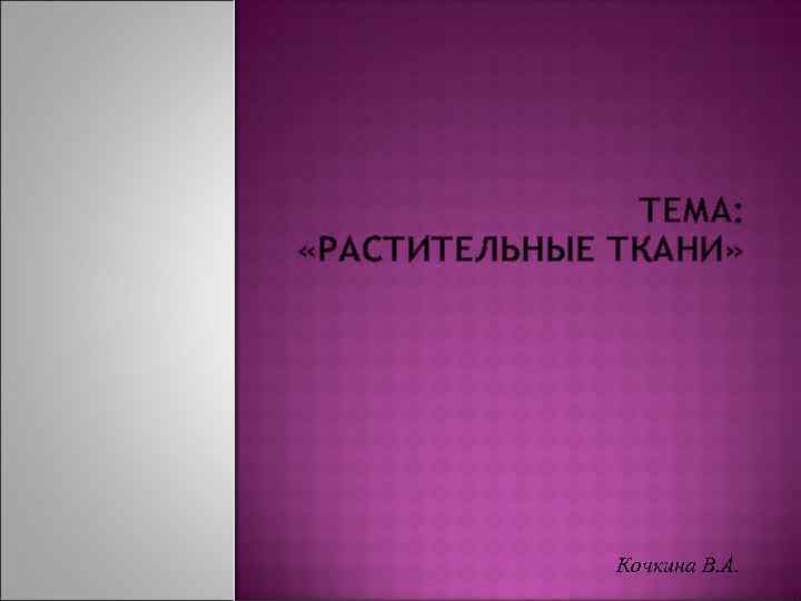 ТЕМА: «РАСТИТЕЛЬНЫЕ ТКАНИ» Кочкина В. А. 