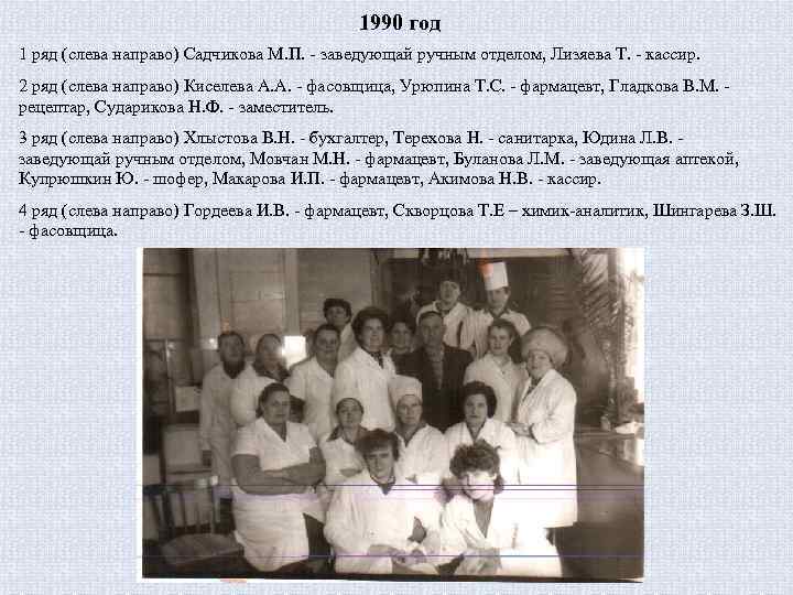 1990 год 1 ряд (слева направо) Садчикова М. П. - заведующай ручным отделом, Лизяева