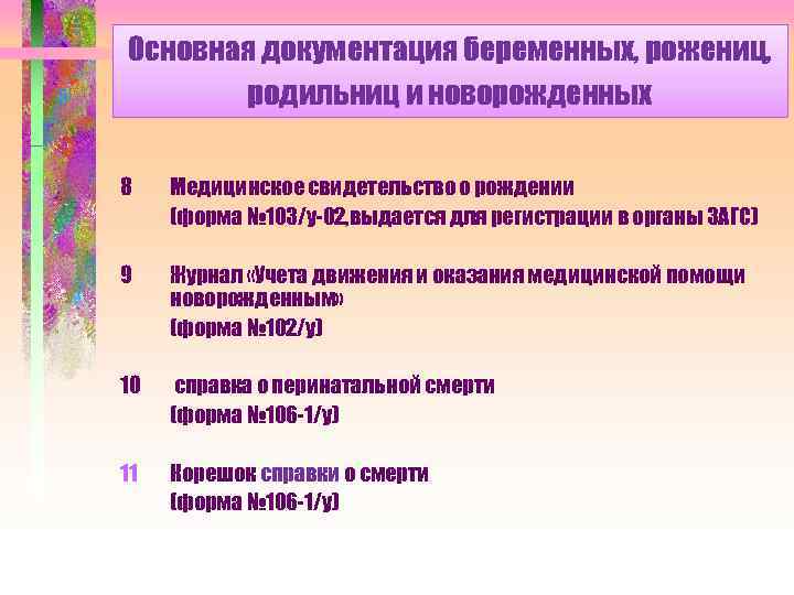 Основная документация беременных, рожениц, родильниц и новорожденных 8 Медицинское свидетельство о рождении (форма №