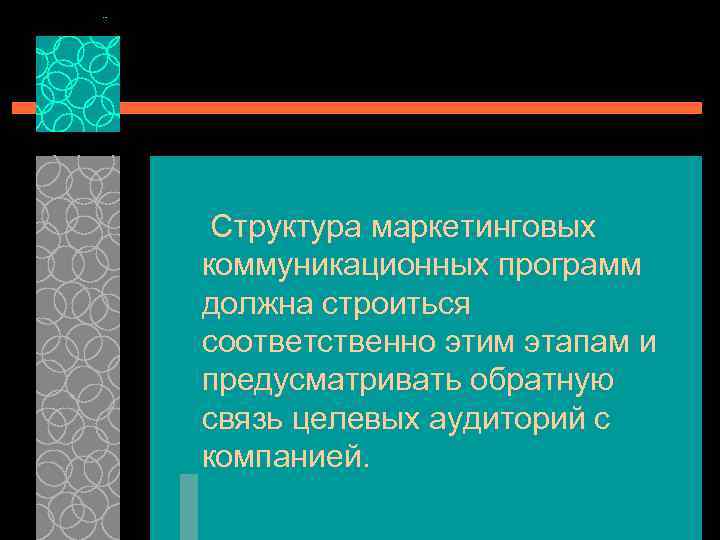 Структура маркетинговых коммуникационных программ должна строиться соответственно этим этапам и предусматривать обратную связь целевых