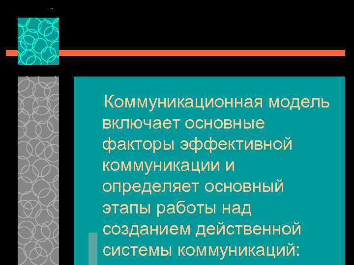 Коммуникационная модель включает основные факторы эффективной коммуникации и определяет основный этапы работы над созданием