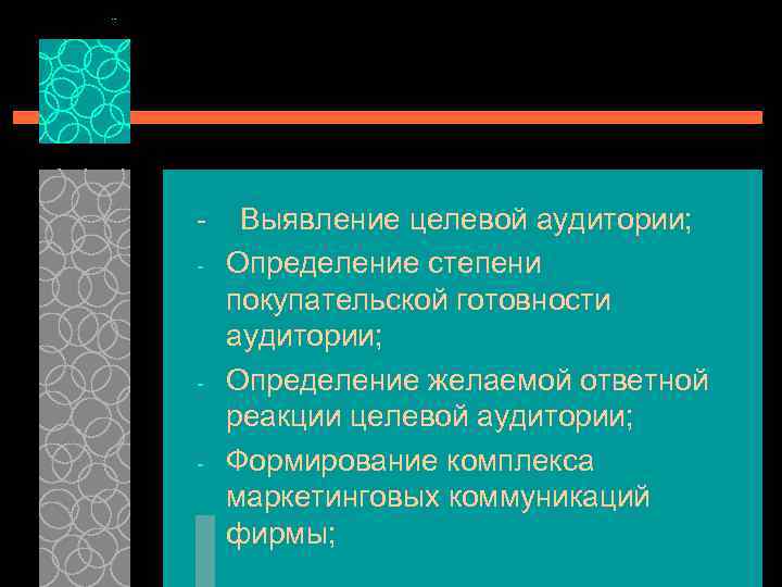  Выявление целевой аудитории; Определение степени покупательской готовности аудитории; Определение желаемой ответной реакции целевой