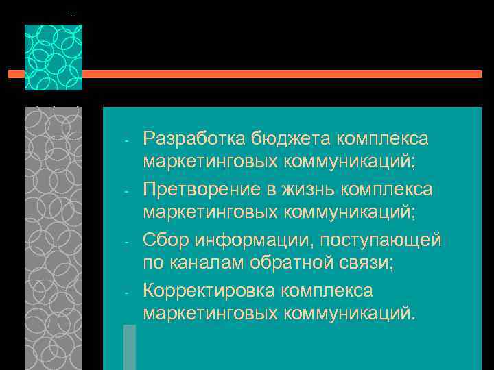  Разработка бюджета комплекса маркетинговых коммуникаций; Претворение в жизнь комплекса маркетинговых коммуникаций; Сбор информации,