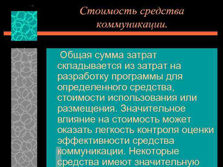 Стоимость средства коммуникации. Общая сумма затрат складывается из затрат на разработку программы для определенного