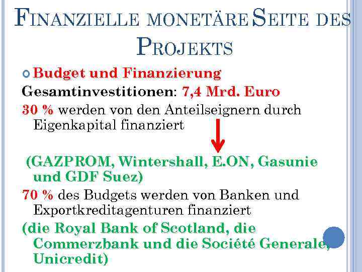 FINANZIELLE MONETÄRE SEITE DES PROJEKTS Budget und Finanzierung Gesamtinvestitionen: 7, 4 Mrd. Euro 30