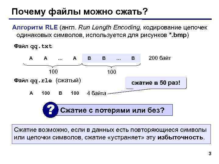 Почему файлы можно сжать? Алгоритм RLE (англ. Run Length Encoding, кодирование цепочек одинаковых символов,