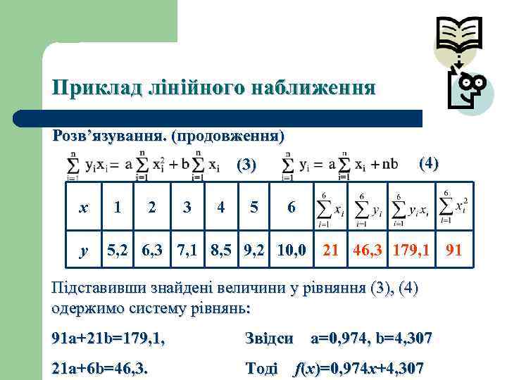 Приклад лінійного наближення Розв’язування. (продовження) (4) (3) x y 1 2 3 4 5