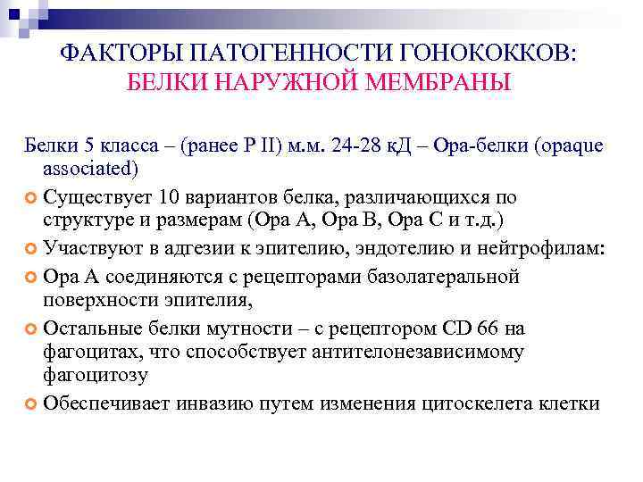 ФАКТОРЫ ПАТОГЕННОСТИ ГОНОКОККОВ: БЕЛКИ НАРУЖНОЙ МЕМБРАНЫ Белки 5 класса – (ранее P II) м.