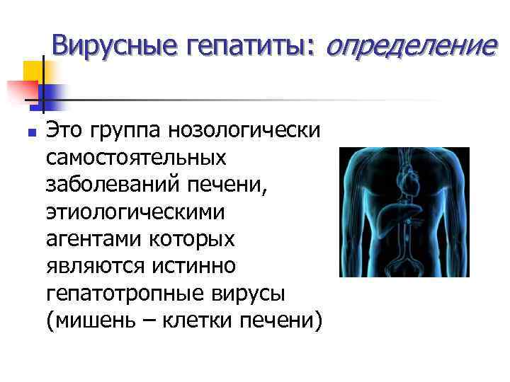 Вирусные гепатиты: определение n Это группа нозологически самостоятельных заболеваний печени, этиологическими агентами которых являются