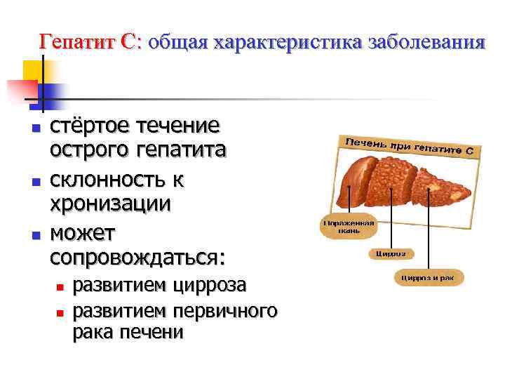 Гепатит С: общая характеристика заболевания n n n стёртое течение острого гепатита склонность к