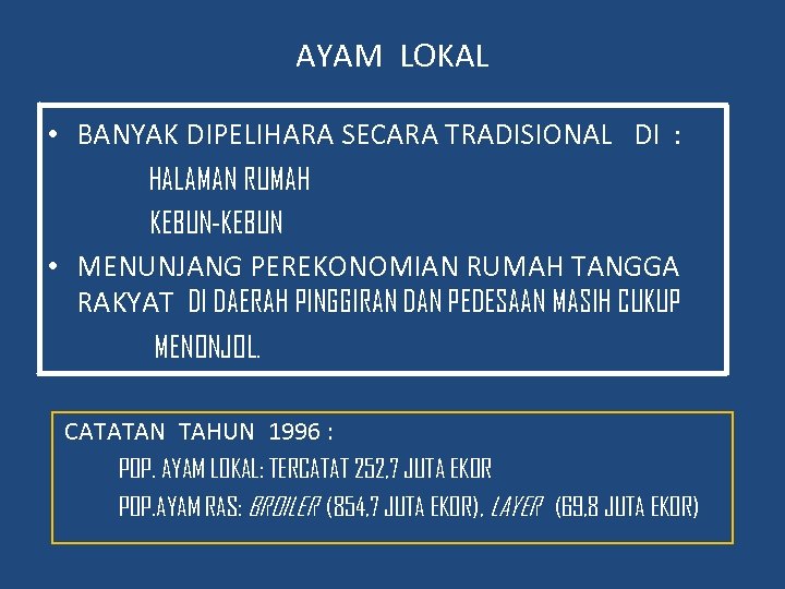 AYAM LOKAL • BANYAK DIPELIHARA SECARA TRADISIONAL DI : HALAMAN RUMAH KEBUN-KEBUN • MENUNJANG