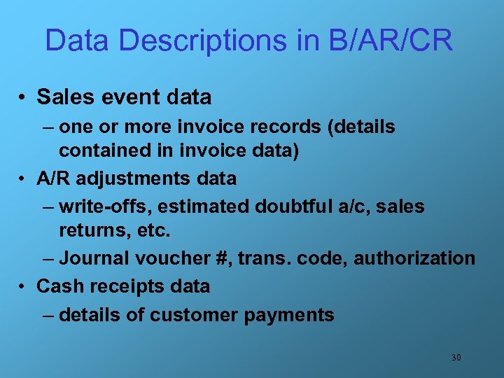Data Descriptions in B/AR/CR • Sales event data – one or more invoice records