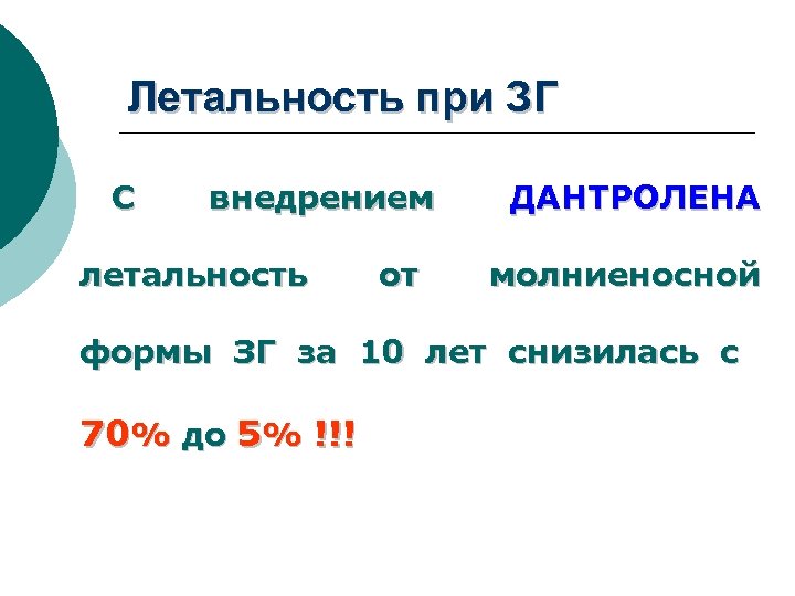 Летальность при ЗГ С внедрением летальность от ДАНТРОЛЕНА молниеносной формы ЗГ за 10 лет