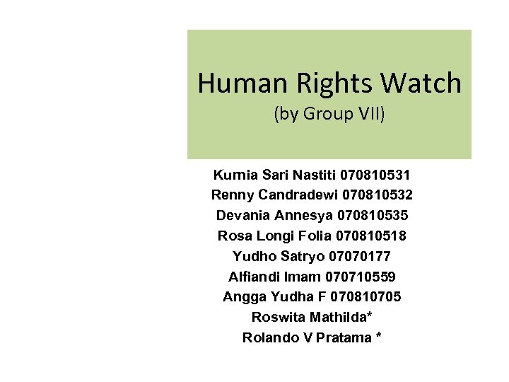 Human Rights Watch (by Group VII) Kurnia Sari Nastiti 070810531 Renny Candradewi 070810532 Devania