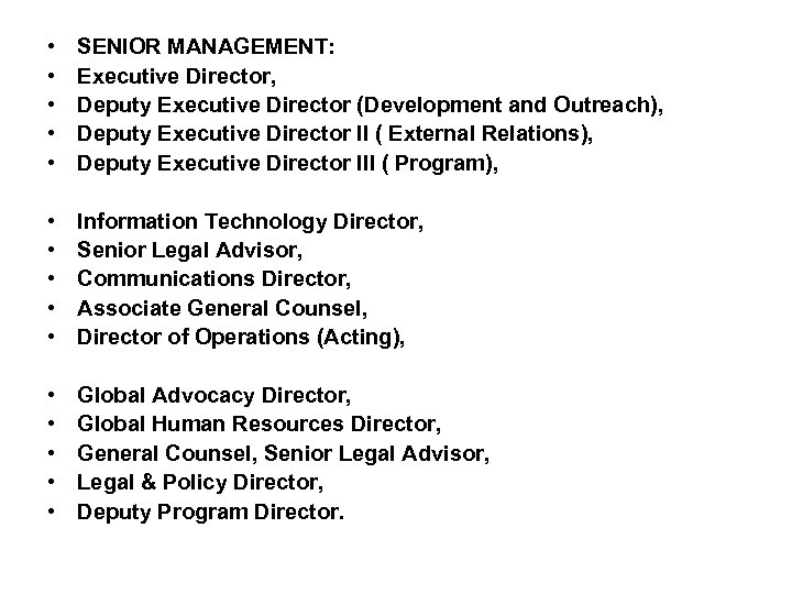  • • • SENIOR MANAGEMENT: Executive Director, Deputy Executive Director (Development and Outreach),