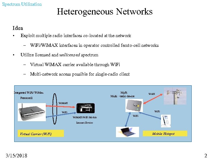 Spectrum Utilization Heterogeneous Networks Idea • Exploit multiple radio interfaces co-located at the network