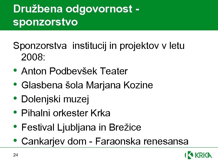 Družbena odgovornost sponzorstvo Sponzorstva institucij in projektov v letu 2008: • Anton Podbevšek Teater