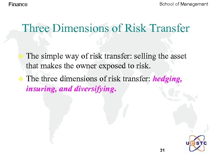 Finance School of Management Three Dimensions of Risk Transfer v The simple way of