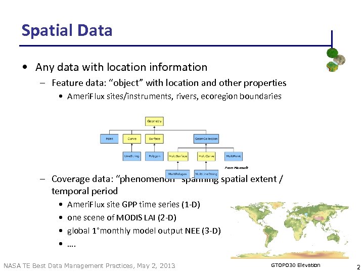 Spatial Data • Any data with location information – Feature data: “object” with location
