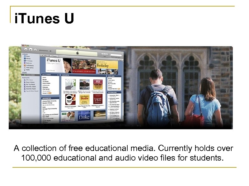 i. Tunes U A collection of free educational media. Currently holds over 100, 000