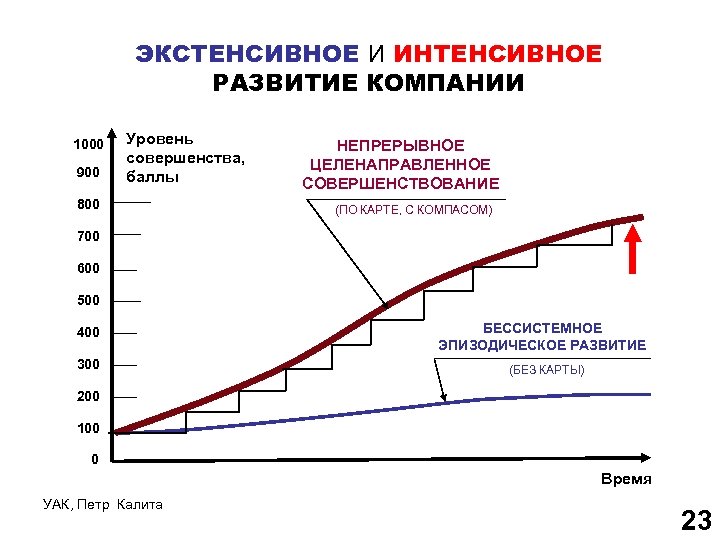 ЭКСТЕНСИВНОЕ И ИНТЕНСИВНОЕ РАЗВИТИЕ КОМПАНИИ 1000 900 Уровень совершенства, баллы 800 НЕПРЕРЫВНОЕ ЦЕЛЕНАПРАВЛЕННОЕ СОВЕРШЕНСТВОВАНИЕ