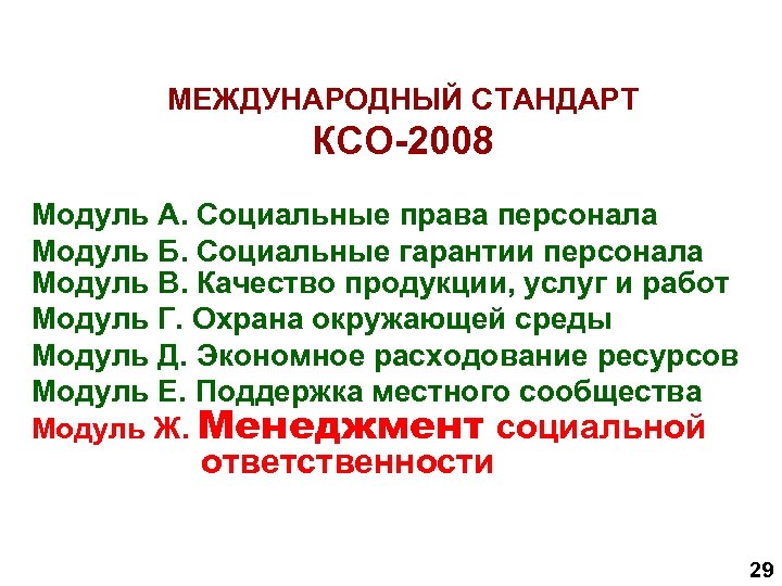 Стандарты корпоративной ответственности. Стандарты КСО 2008. Последовательность модулей стандарта КСО 2008.