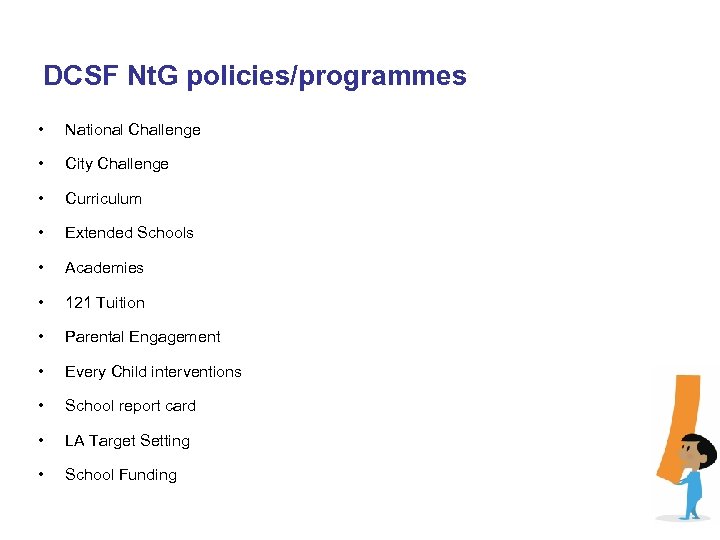 DCSF Nt. G policies/programmes • National Challenge • City Challenge • Curriculum • Extended