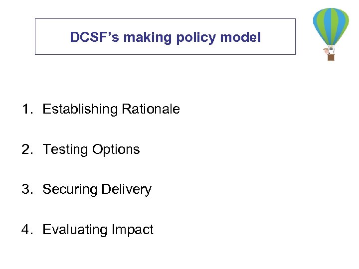 DCSF’s making policy model 1. Establishing Rationale 2. Testing Options 3. Securing Delivery 4.