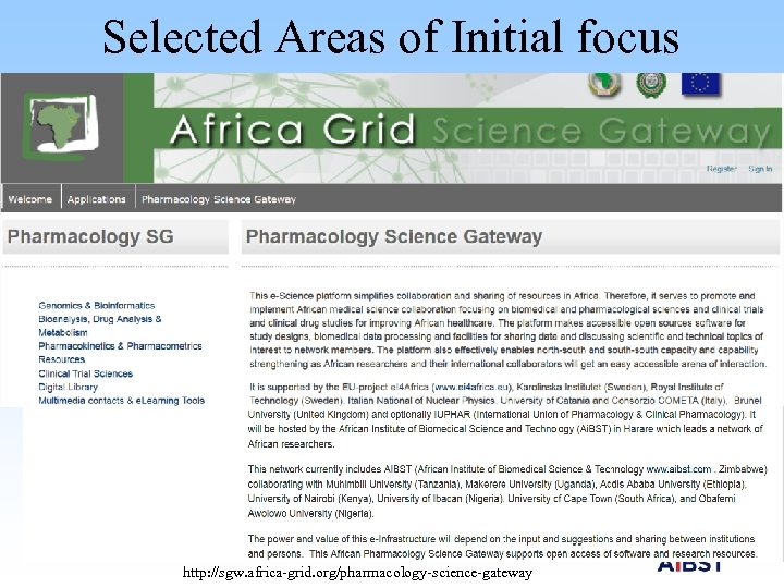 Selected Areas of Initial focus Resources at the Gateway Genomics and Bioinformatics Africa Grid