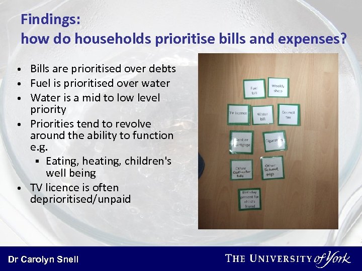 Findings: how do households prioritise bills and expenses? Bills are prioritised over debts Fuel