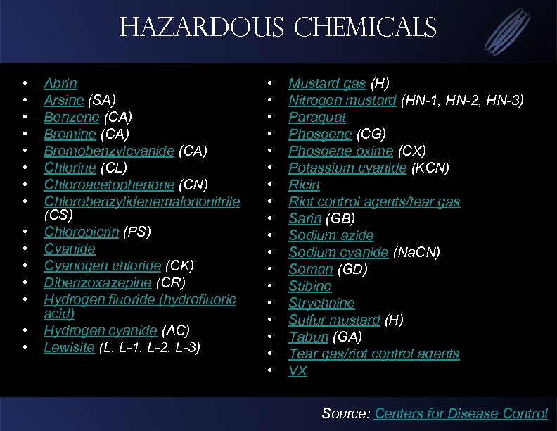 Hazardous Chemicals • • • • Abrin Arsine (SA) Benzene (CA) Bromine (CA) Bromobenzylcyanide