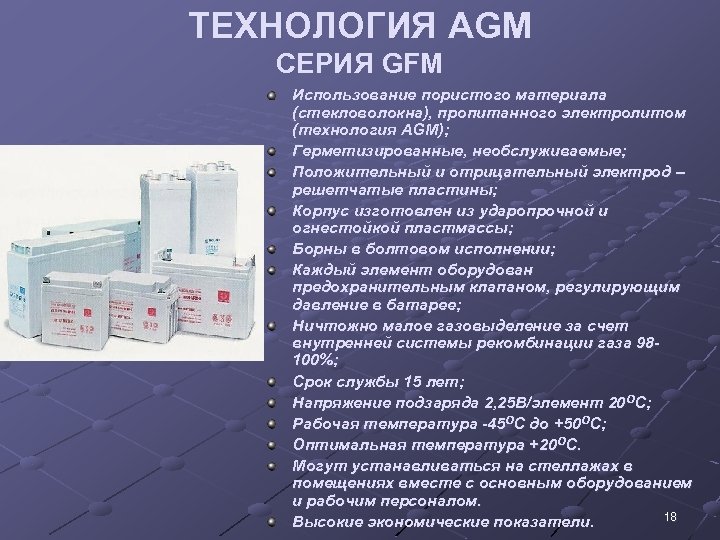 ТЕХНОЛОГИЯ AGM СЕРИЯ GFM Использование пористого материала (стекловолокна), пропитанного электролитом (технология AGM); Герметизированные, необслуживаемые;
