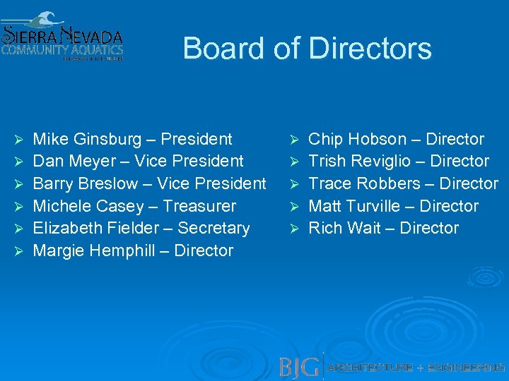 Board of Directors Ø Ø Ø Mike Ginsburg – President Dan Meyer – Vice