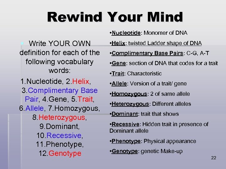 Rewind Your Mind • Nucleotide: Monomer of DNA § Write YOUR OWN definition for