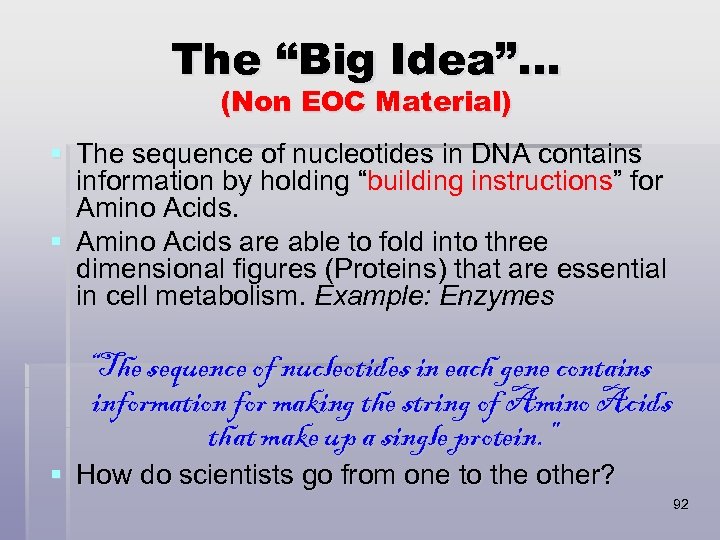 The “Big Idea”… (Non EOC Material) § The sequence of nucleotides in DNA contains
