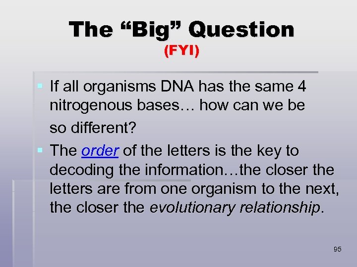 The “Big” Question (FYI) § If all organisms DNA has the same 4 nitrogenous