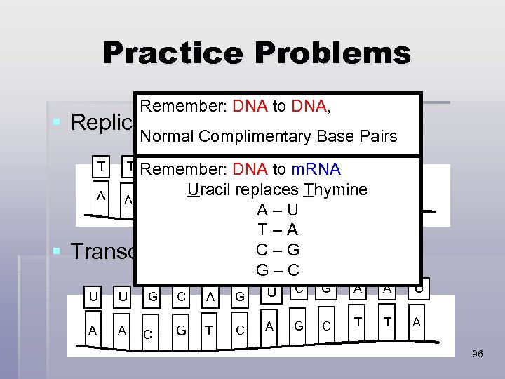 Practice Problems Remember: DNA to DNA, § Replicate: Normal Complimentary Base Pairs T T