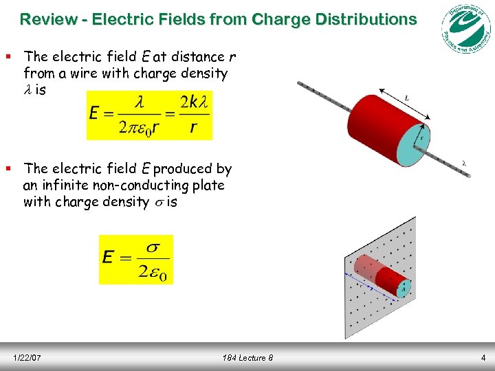 Review - Electric Fields from Charge Distributions § The electric field E at distance
