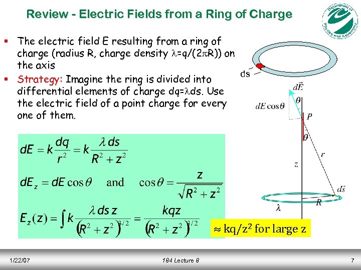 Review - Electric Fields from a Ring of Charge § The electric field E