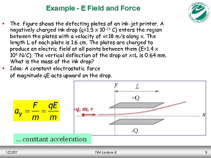 Example - E Field and Force § § The figure shows the defecting plates