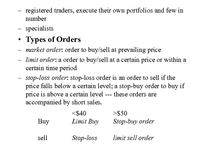 – registered traders, execute their own portfolios and few in number – specialists •