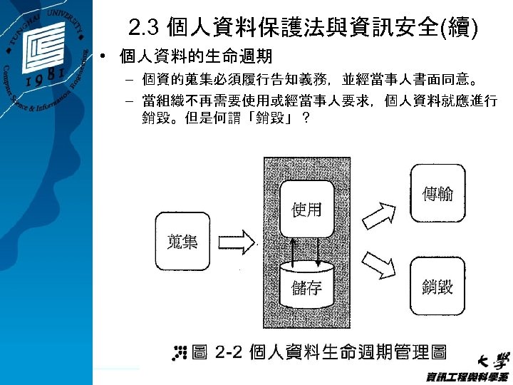 2. 3 個人資料保護法與資訊安全(續) • 個人資料的生命週期 – 個資的蒐集必須履行告知義務，並經當事人書面同意。 – 當組織不再需要使用或經當事人要求，個人資料就應進行 銷毀。但是何謂「銷毀」 ? 