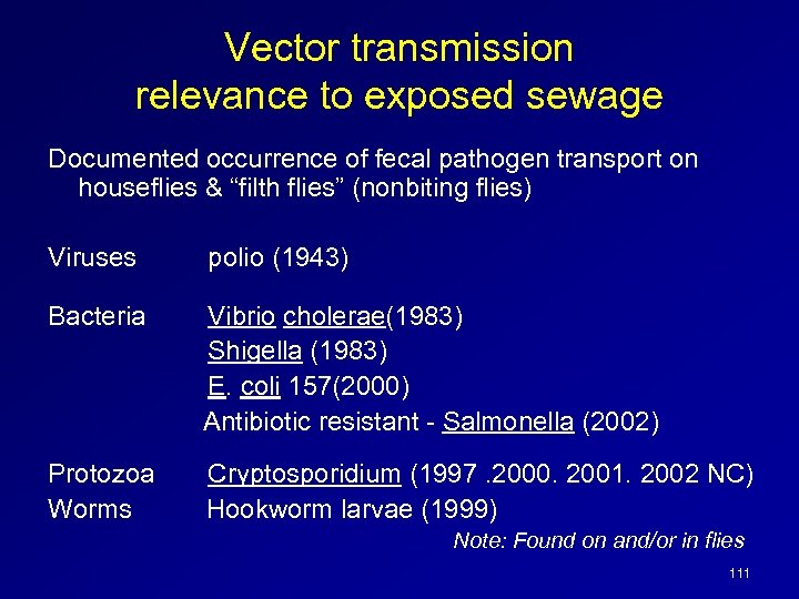 Vector transmission relevance to exposed sewage Documented occurrence of fecal pathogen transport on houseflies