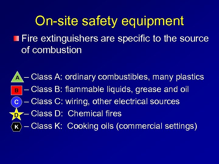 On-site safety equipment Fire extinguishers are specific to the source of combustion A B